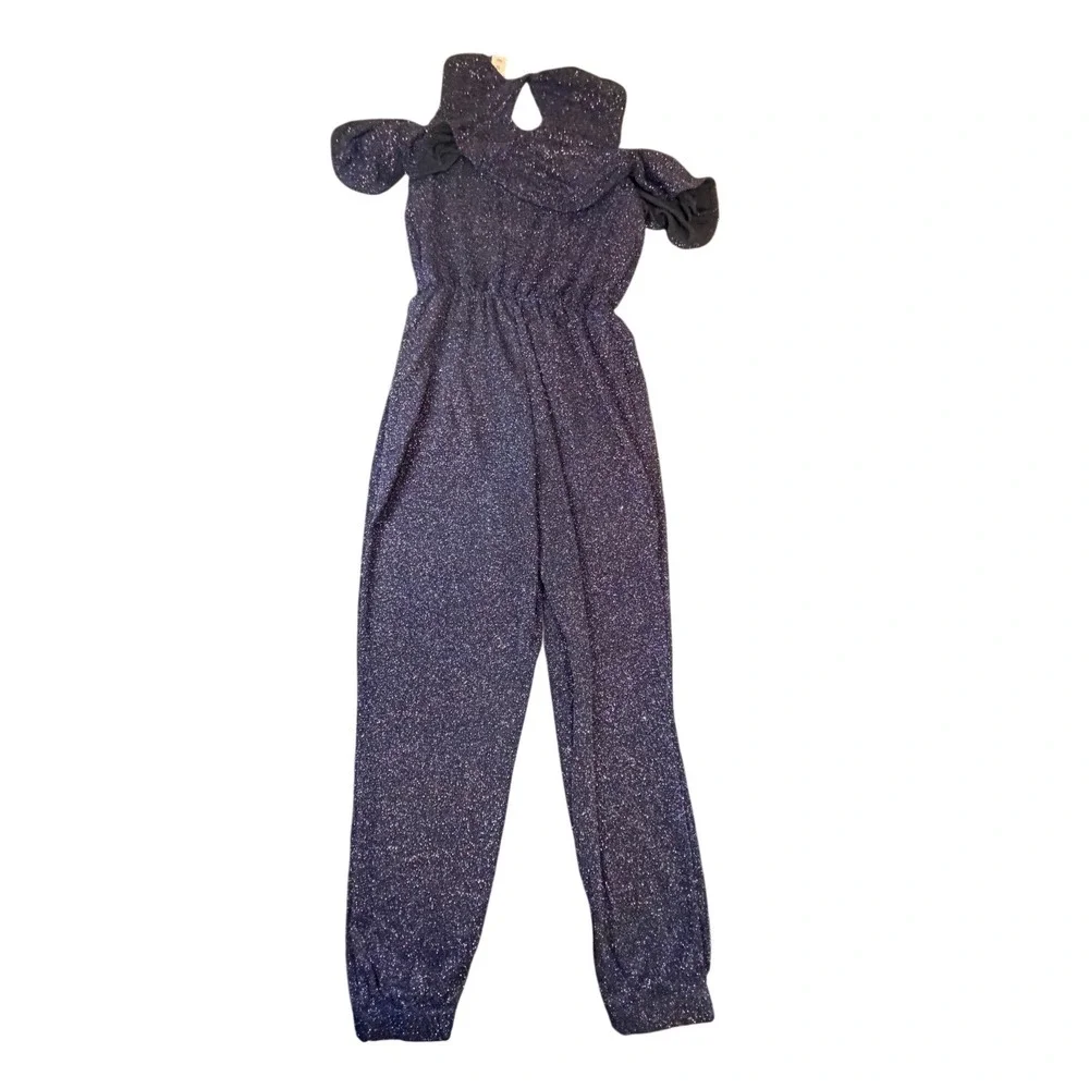 Justice Girls Blue Glitter Cold Shoulder Ruffle Jumpsuit Size 12 Sparkly J10